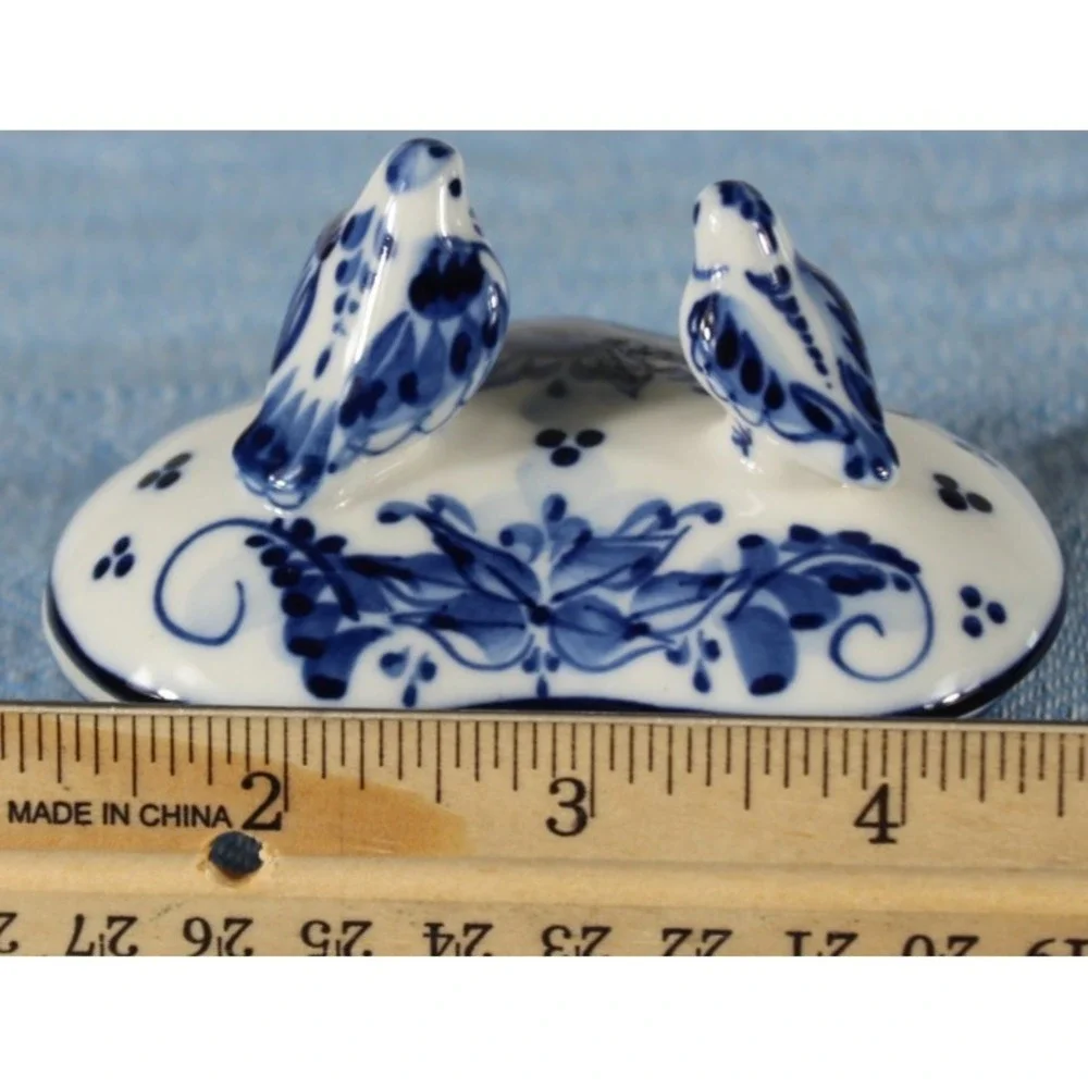 Gzhel heartshaped trinket dish/2 birds/flower/signed/VTG